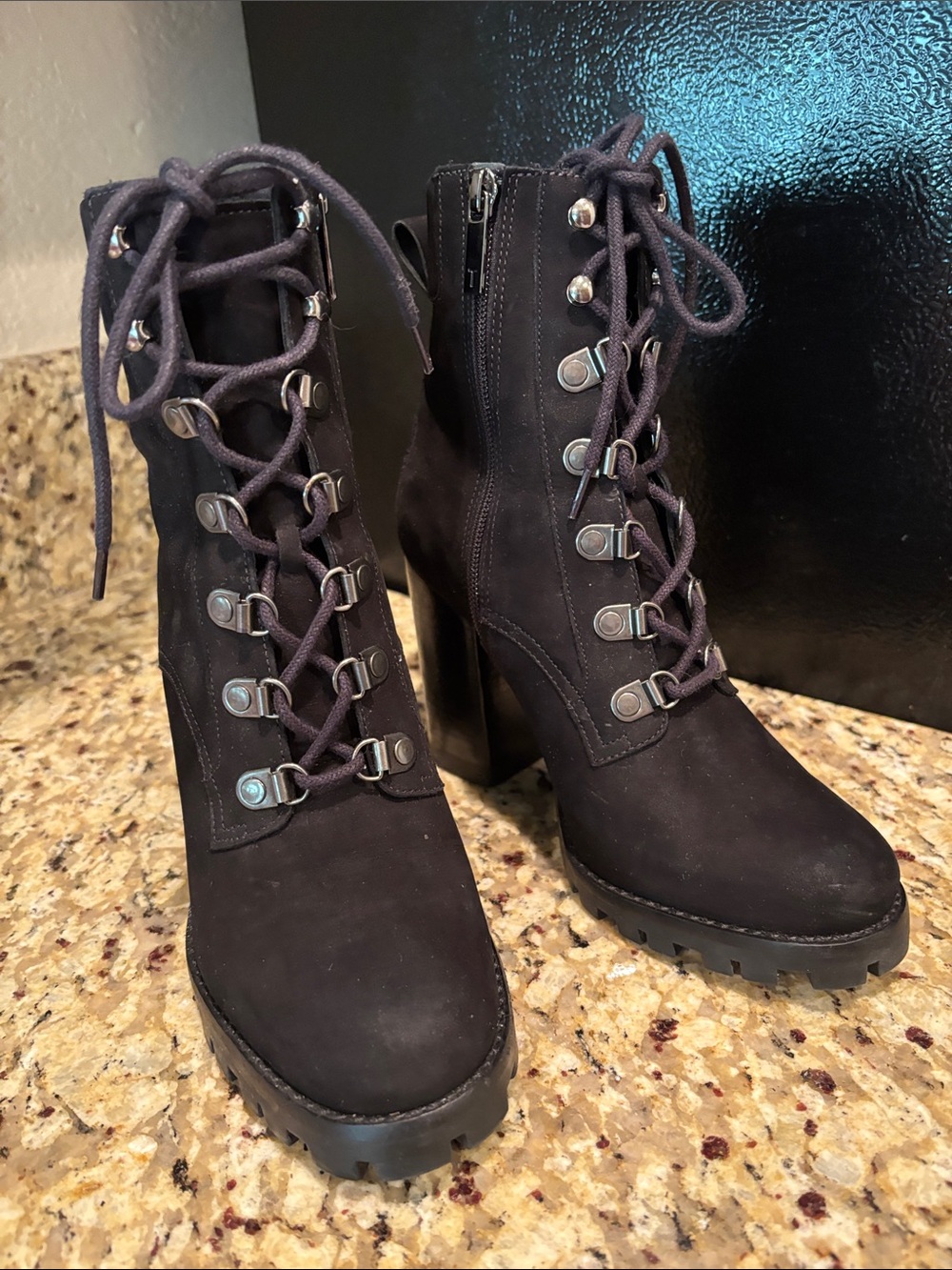 Ted Baker London Black Lace-Up Chunky Heel Combat Boots, 4 inch heels